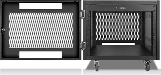 Main image of Sound Town 8U Universal Steel Rack, w/Mesh Doors, Locking Casters, Vented Side Panels for Audio Video, Server and Network Equipment (STRK-M8UWD)