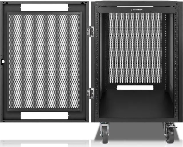 Main image of Sound Town 16U Universal Steel Rack, w/Mesh Doors, Locking Casters, Vented Side Panels for Audio Video, Server and Network Equipment (STRK-M16UWD)