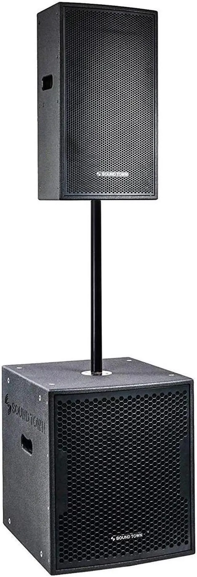 Main image of Sound Town CARME Series Powered PA Speaker and Subwoofer Combo Set with One 15 PA Speaker, One 18 Subwoofer, One Subwoofer Pole, Black