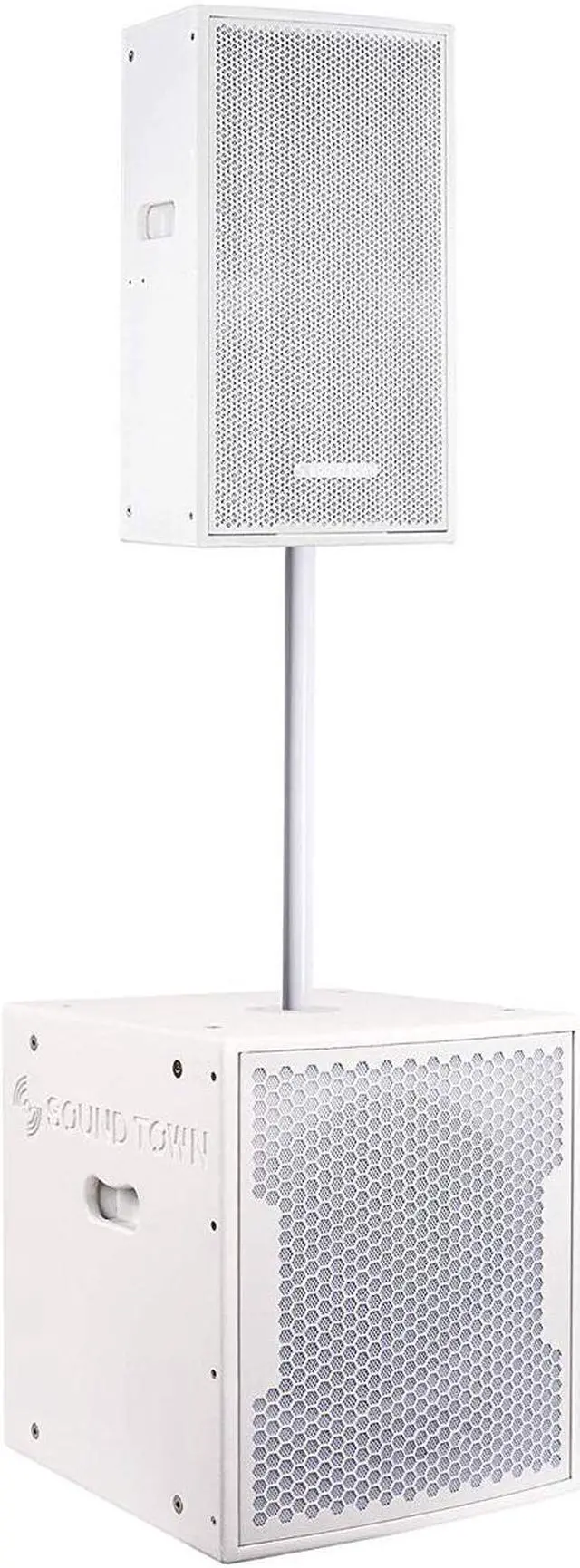 Main image of Sound Town CARME Series Powered PA Speaker and Subwoofer Combo Set with One 12” PA Speaker, One 15” Subwoofer, One Subwoofer Pole, White