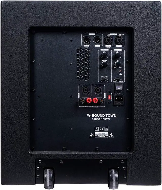 Alt view image 4 of 8 - Sound Town 1600 Watts 15” Powered Subwoofer with 2 Speaker Outputs, Plywood Enclosure and 2 Wheels, Black (CARPO-15SPW)