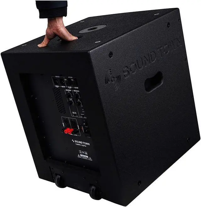 Alt view image 6 of 8 - Sound Town 1600 Watts 15” Powered Subwoofer with 2 Speaker Outputs, Plywood Enclosure and 2 Wheels, Black (CARPO-15SPW)