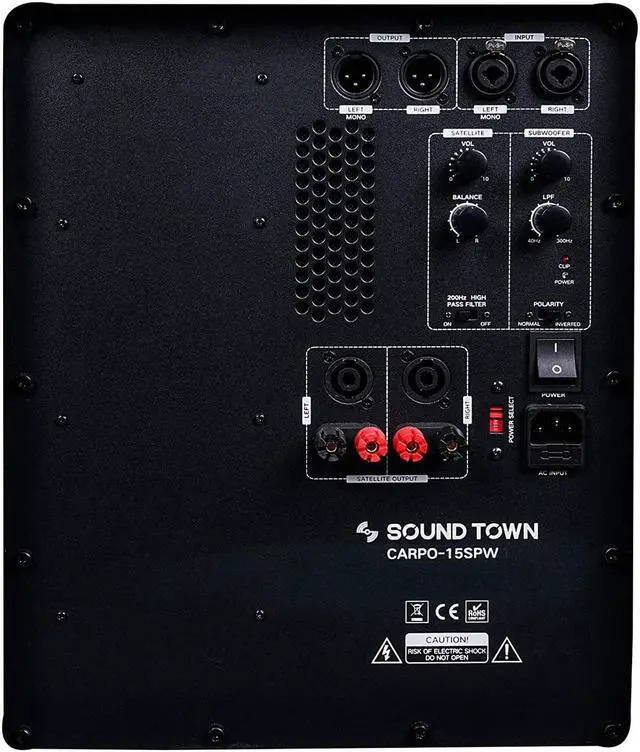 Alt view image 5 of 8 - Sound Town 1600 Watts 15” Powered Subwoofer with 2 Speaker Outputs, Plywood Enclosure and 2 Wheels, Black (CARPO-15SPW)