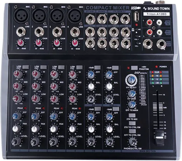 Alt view image 2 of 4 - Sound Town Professional 12-Channel Audio Mixer with USB interface, Recording, EQ, Bluetooth, DSP and 48V Phantom (TRITON-A12BD)