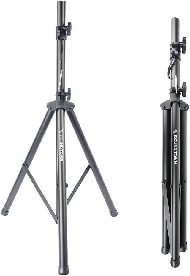 Alt view image 2 of 5 - Sound Town 2-Pack Universal Tripod Speaker Stands with Adjustable Height, 35mm Compatible Insert, Locking Knob and Shaft Pin, Black (STSD-71B-PAIR)