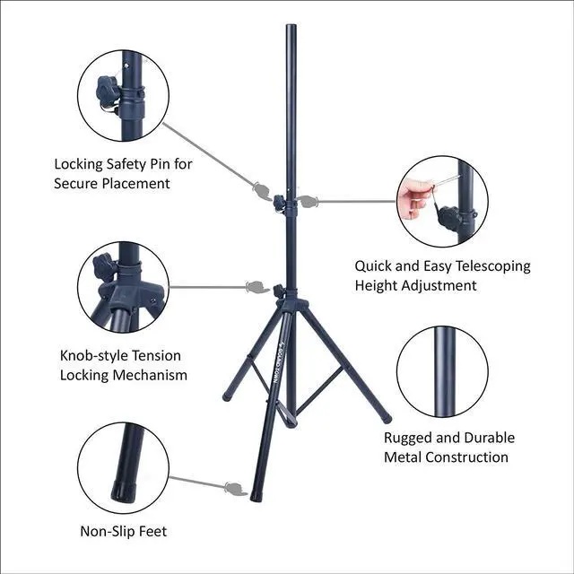Alt view image 4 of 5 - Sound Town 2-Pack Universal Tripod Speaker Stands with Adjustable Height, 35mm Compatible Insert, Locking Knob and Shaft Pin, Black (STSD-71B-PAIR)
