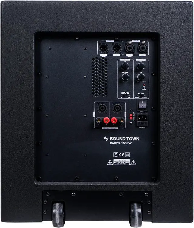 Alt view image 5 of 9 - Sound Town 2-Pack 15" 3200 Watts Powered PA DJ Subwoofers with Speaker Outputs, Plywood Enclosure and Wheels, Black (CARPO-15SPW-PAIR)