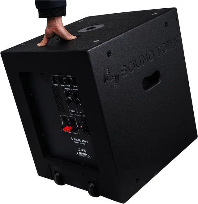 Alt view image 3 of 9 - Sound Town 2-Pack 15" 3200 Watts Powered PA DJ Subwoofers with Speaker Outputs, Plywood Enclosure and Wheels, Black (CARPO-15SPW-PAIR)