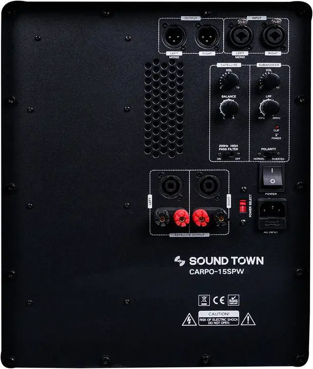 Alt view image 6 of 9 - Sound Town 2-Pack 15" 3200 Watts Powered PA DJ Subwoofers with Speaker Outputs, Plywood Enclosure and Wheels, Black (CARPO-15SPW-PAIR)
