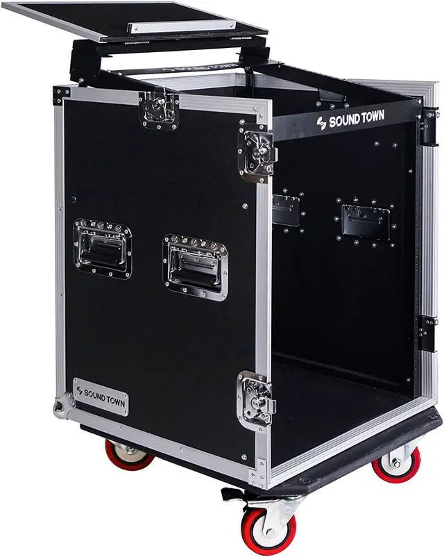 Alt view image 2 of 14 - Sound Town 14-Space PA/DJ Rack/Road ATA Server Case with Slant Mixer Top and Standing Lid Table (STMR-14UWT)