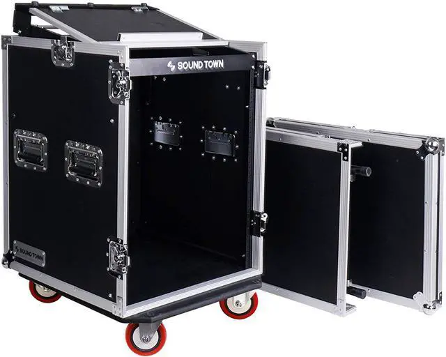 Main image of Sound Town 14-Space PA/DJ Rack/Road ATA Server Case with Slant Mixer Top and Standing Lid Table (STMR-14UWT)