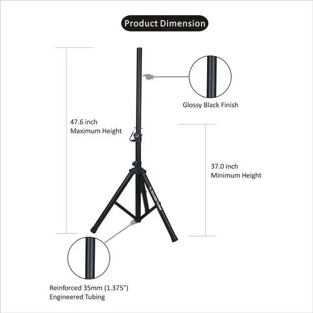Alt view image 5 of 7 - Sound Town 2-Pack Universal Tripod Speaker Stands with Adjustable Height, 35mm Compatible Insert, Locking Knob and Shaft Pin, Black (STSD-48B-PAIR)
