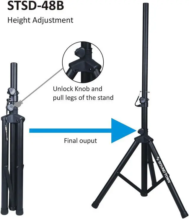Alt view image 6 of 7 - Sound Town 2-Pack Universal Tripod Speaker Stands with Adjustable Height, 35mm Compatible Insert, Locking Knob and Shaft Pin, Black (STSD-48B-PAIR)