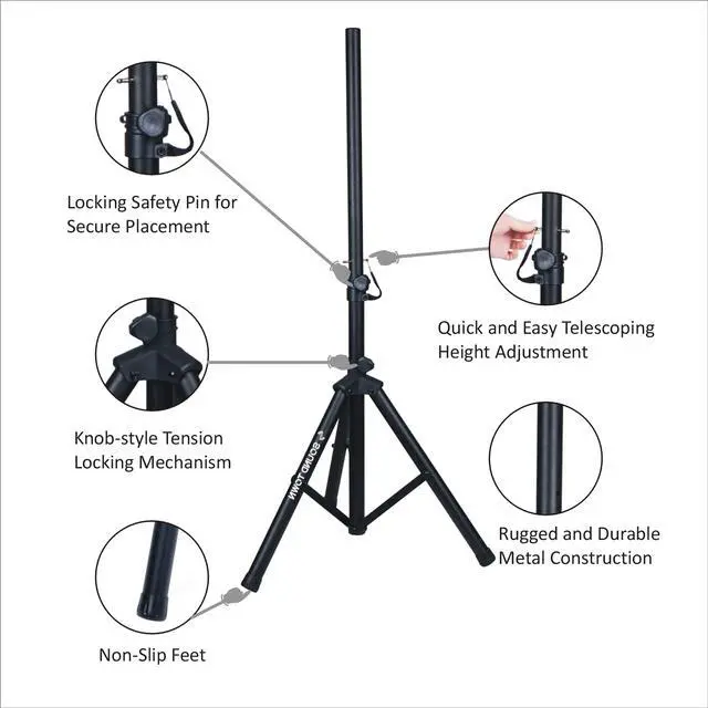 Alt view image 7 of 7 - Sound Town 2-Pack Universal Tripod Speaker Stands with Adjustable Height, 35mm Compatible Insert, Locking Knob and Shaft Pin, Black (STSD-48B-PAIR)