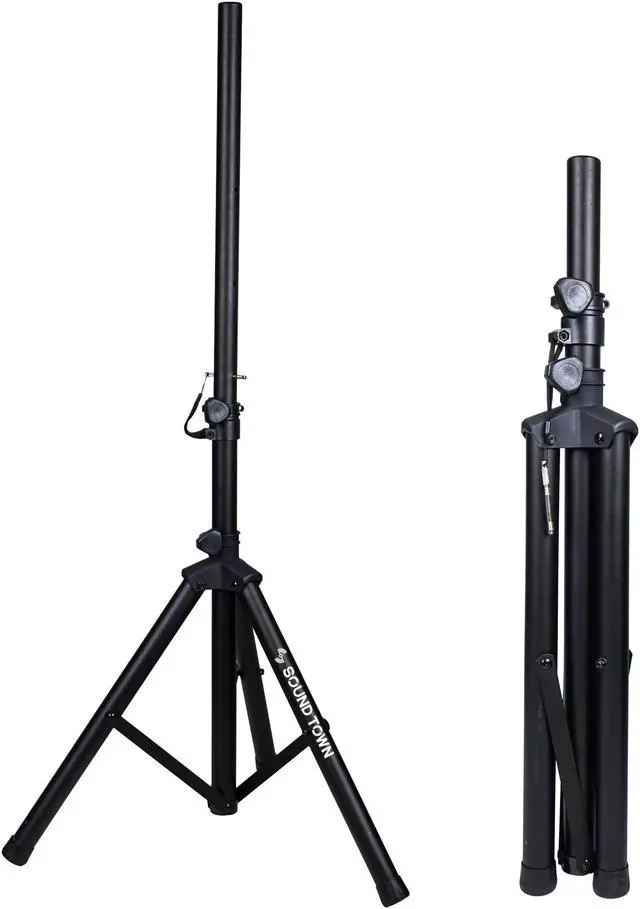 Main image of Sound Town 2-Pack Universal Tripod Speaker Stands with Adjustable Height, 35mm Compatible Insert, Locking Knob and Shaft Pin, Black (STSD-48B-PAIR)