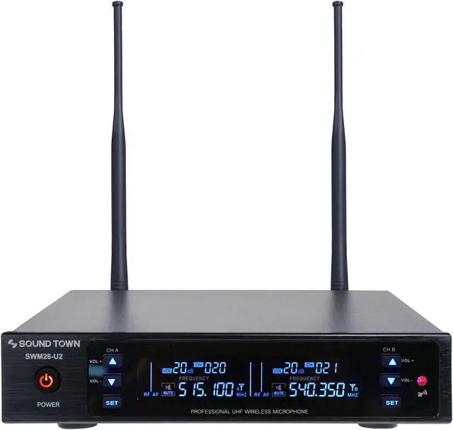 Alt view image 2 of 4 - Sound Town Metal 200 Channels UHF Wireless Microphone System with 2 Handheld Microphones, for Church, School, Outdoor Wedding, Meeting, Party and Karaoke (SWM26-U2HH)