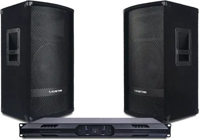 Main image of Sound Town Professional PA Speaker System with Two 12” Passive PA Speakers and One 2-Channel UPDM Power Amplifier for Live Sound, Karaoke, Bar, Church