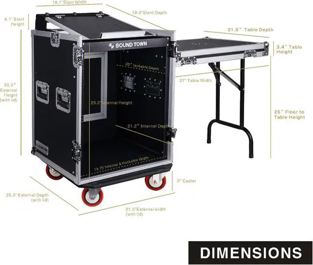Alt view image 5 of 14 - Sound Town 14-Space PA/DJ Rack/Road ATA Server Case with Slant Mixer Top and Standing Lid Table (STMR-14UWT)