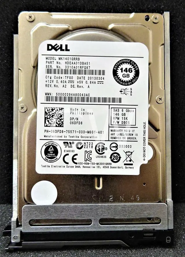 Alt view image 2 of 2 - Dell 6DFD8 06DFD8 146GB 15K 6G 2.5IN SAS Hard Drive MK1401GRRB - With Tray