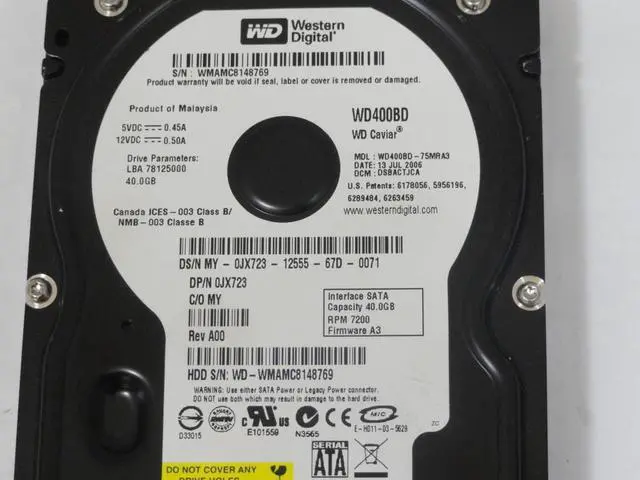 Alt view image 3 of 6 - 40GB 7200RPM SATA FW: A3 HDD, WD CAVIAR WD400BD-75MRA3, 11JUL2006, DCM: HSCANTJCH, DP/N 0JX723 REV A00