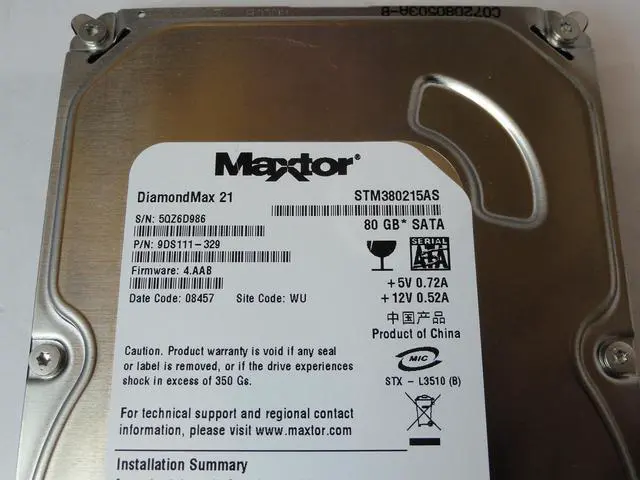 Alt view image 2 of 3 - Maxtor 80GB SATA 7200rpm 3.5in HDD ( 9DS111-329 STM380215AS  Maxtor )