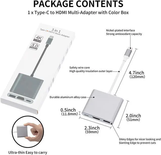 Alt view image 6 of 6 - USB-C to HDMI Adapter, USB 3.1 Type C to HDMI 4K Multiport AV Converter with USB 3.0 Port Mac HDMI Adapter,USB-C Digital AV Multi Port Adapter for MacBook Pro/ S8+/S9+/Projector/Monitor(Gray)