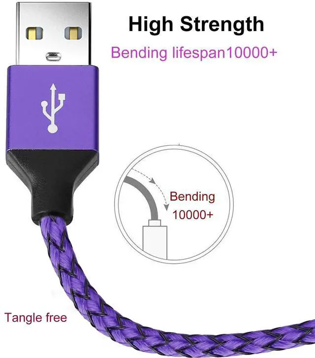 Alt view image 4 of 7 - Type C Charger Cable Purple - USB C Rapid Charging Cord Shiny Nylon Braided5 Pack 2FT 3FT 2X6FT 10FT for  S10 S9 S8 Plus Note 8 LG G6 G5 V30 V20 Google Pixel/XL Moto Z/Z2 (Violet)