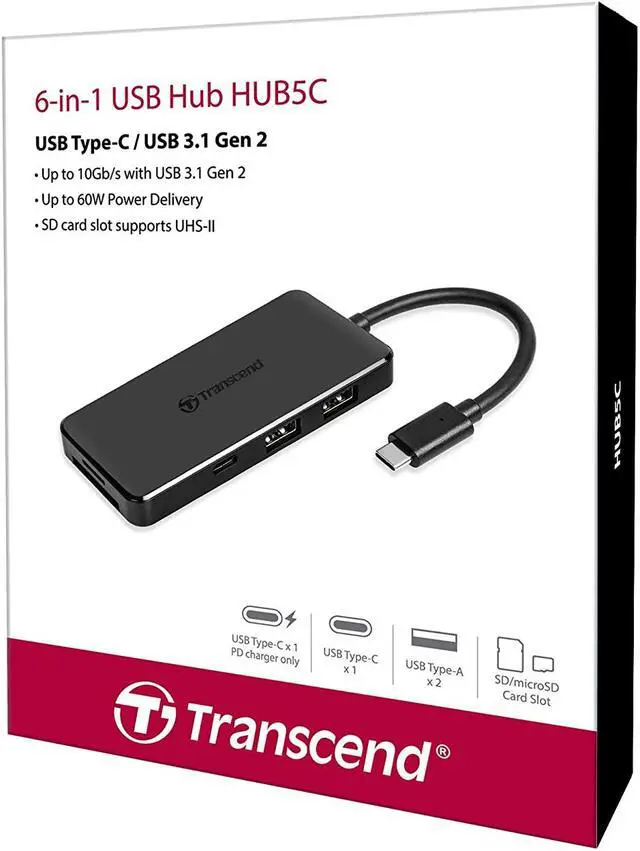 Alt view image 6 of 6 - Transcend 6-in-1 USB Type-C Hub USB 3.1 Gen 2 TS-HUB5C