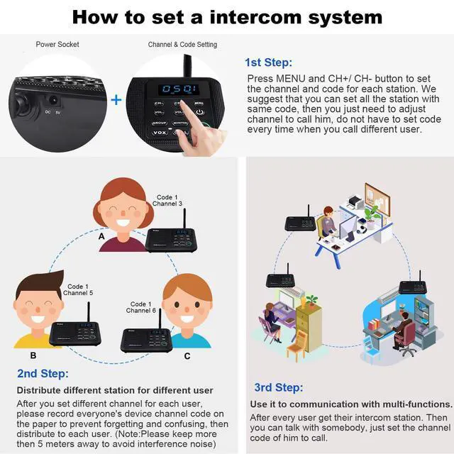Alt view image 6 of 7 - Wuloo Intercoms Wireless for Home 1 Mile Range 22 Channel 100 Digital Code Display Screen, Wireless Intercom System for Home House Business Office, Room to Room Intercom Communication(2Stations,Black)