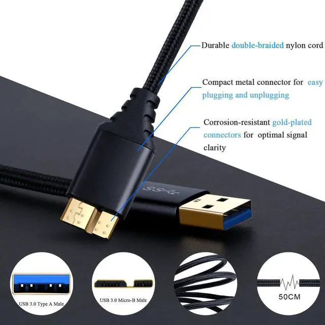 Alt view image 4 of 7 - Micro USB 3.0 Cable - 1.5 ft/50cm Short USB Type A Male to Micro B Cable Braided Cord for External Hard Drive, Samsung Galaxy S5, Galaxy Note 3-2Pack, Black