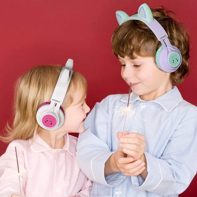 Alt view image 6 of 7 - Kids Wireless Headphones, CT-7S Cat Ear Bluetooth, 85dB Volume Limiting, LED Light Up Over Ear with Microphone for Laptop/PC/TV (Purple&Green)