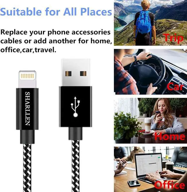 Alt view image 6 of 7 - iphone charger cable 3pack 3ft mfi  sharllen nylon braided iphone charging cord fast usb charging cell-phone lightning wire compatible iphone 11/xs/max/xr/x/8p/8/7/7p/6/ipad/ipod(black-3ft)