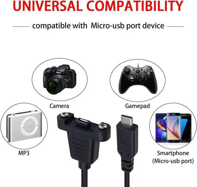 Alt view image 5 of 5 - Poyiccot Micro USB to USB C Cable, USB Type C Male to Micro USB Female Cable, USB C to Micro USB Adapter Cable Panel Mount Type for Charging and Sync, 1feet Black