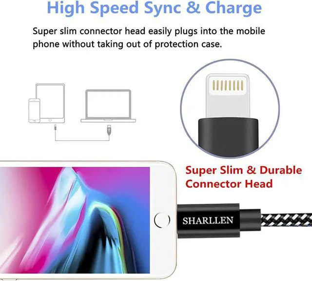 Alt view image 5 of 7 - iphone charger cable 3pack 3ft mfi  sharllen nylon braided iphone charging cord fast usb charging cell-phone lightning wire compatible iphone 11/xs/max/xr/x/8p/8/7/7p/6/ipad/ipod(black-3ft)
