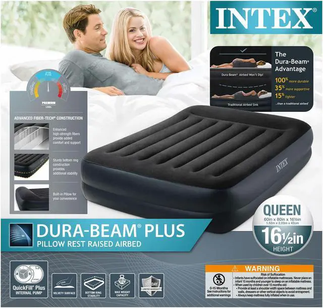 Alt view image 7 of 20 - Intex 64123ED Dura Beam Plus Pillow Raised Air Mattress w/ Built in Pump, Queen