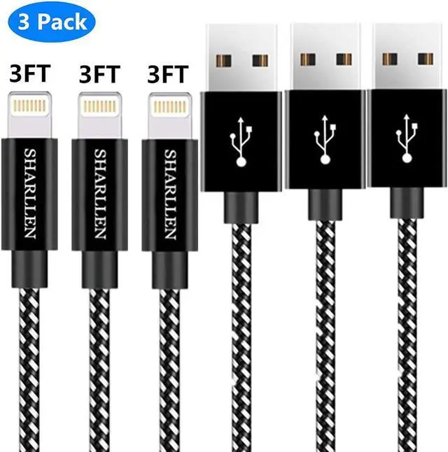 Main image of iphone charger cable 3pack 3ft mfi  sharllen nylon braided iphone charging cord fast usb charging cell-phone lightning wire compatible iphone 11/xs/max/xr/x/8p/8/7/7p/6/ipad/ipod(black-3ft)