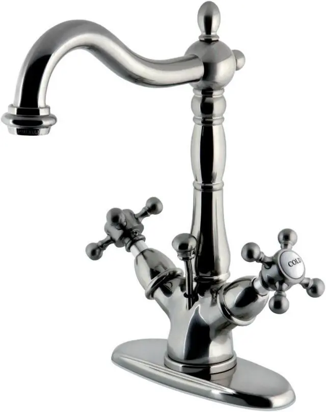 Alt view image 3 of 9 - Kingston Brass KS1438BX 4 in. Deck Plate Lavatory Faucet with Cross Handle & Handle & Brass Pop-Up, Satin Nickel