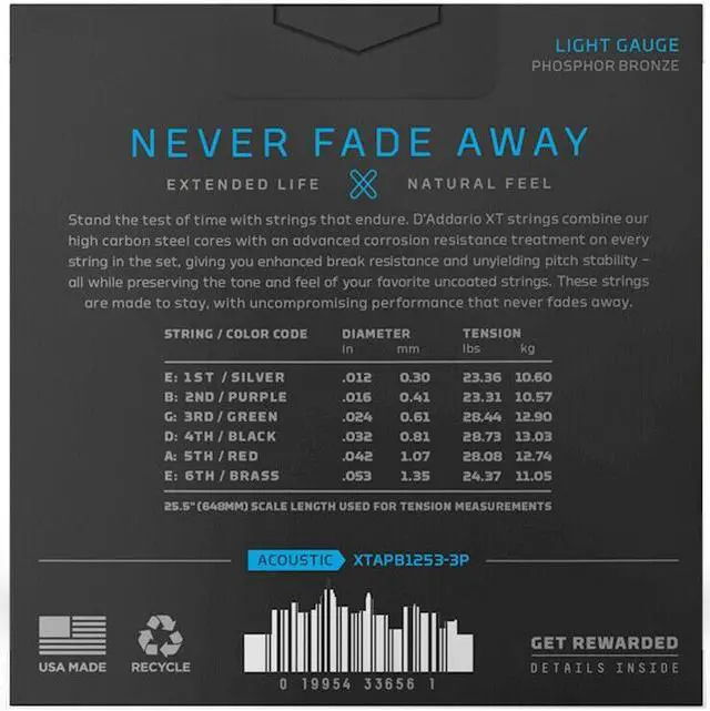 Alt view image 3 of 10 - 3-Pack of D'Addario XTAPB1253 XT Phosphor Bronze Acoustic Guitar Strings 12-53