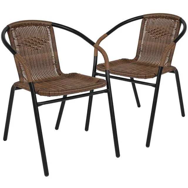 Alt view image 7 of 20 - 2 Pack Medium Brown Rattan Indoor-Outdoor Restaurant Stack Chair
