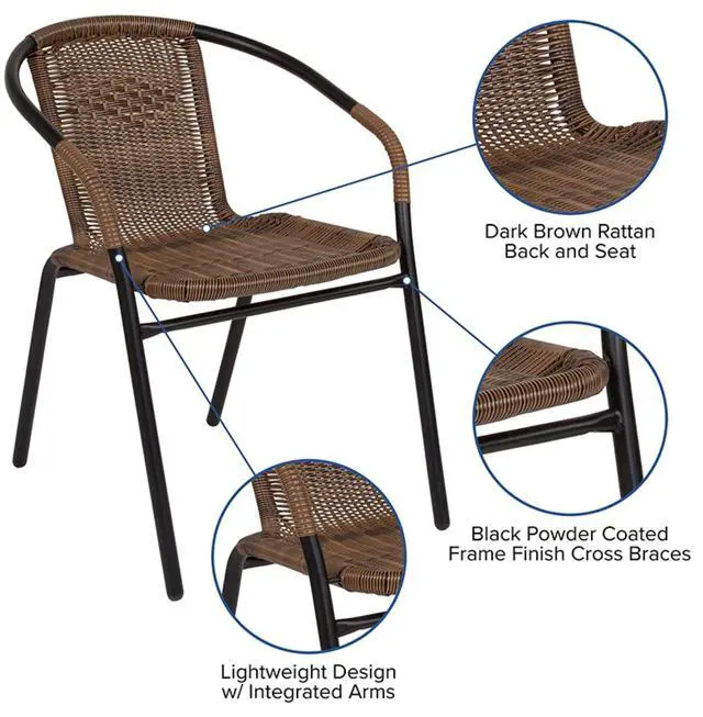 Alt view image 10 of 20 - 2 Pack Medium Brown Rattan Indoor-Outdoor Restaurant Stack Chair