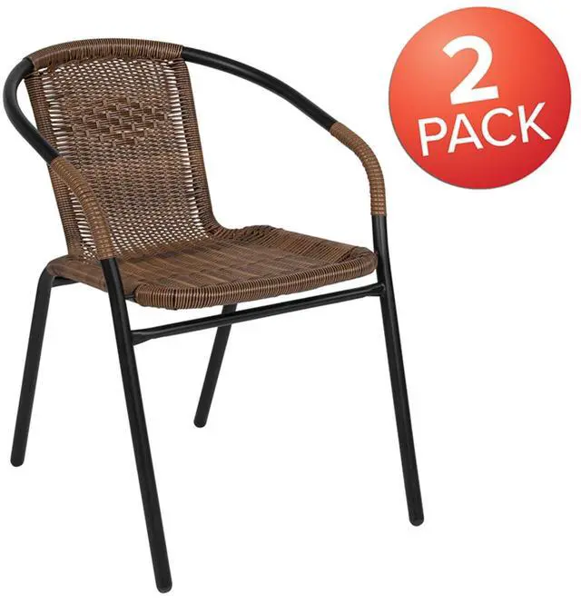 Alt view image 6 of 20 - 2 Pack Medium Brown Rattan Indoor-Outdoor Restaurant Stack Chair