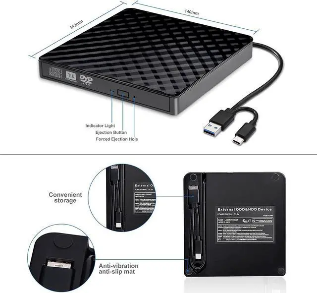 Alt view image 5 of 7 - External Cd Dvd Drive, Usb 3.0 And Type-C Portable Cd Dvd +/-Rw Drive Reader, Dvd/Cd Rom Burner Rewriter, Slim Optical Dvd Drive For Laptop, Desktop (8X, External Cd Dvd Drive, Black)