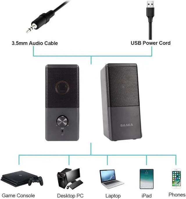 Alt view image 7 of 7 - Computer Speaker, Compact Size Speaker With Headphone Jack, Enhanced Bass And Volume Control, Stereo 2.0 Usb Powered 3.5Mm Aux Multimedia Speakers For Laptop/Desktop/Tablets/Phone (Black)
