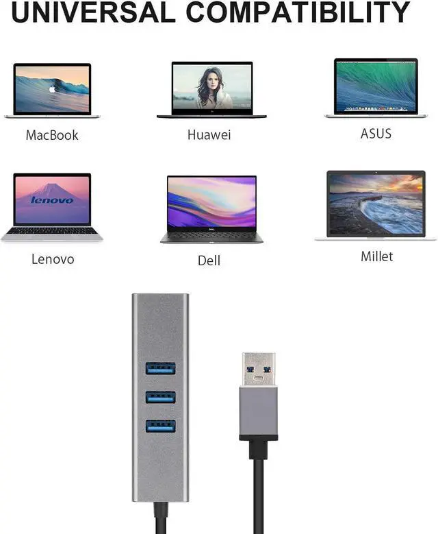 Alt view image 4 of 7 - Sikaite Usb 3.0 Hub, Type A To Gigabit Ethernet And 3 Usb 3.0 Adapters, Aluminum Portable Hub, Rj45 Gigabit Ethernet Network Adapter, Converter, Hub, For 10 / 100 / 1000 Mbps Ethernet