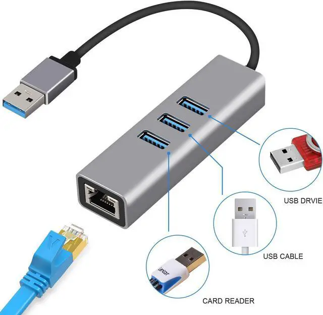 Alt view image 5 of 7 - Sikaite Usb 3.0 Hub, Type A To Gigabit Ethernet And 3 Usb 3.0 Adapters, Aluminum Portable Hub, Rj45 Gigabit Ethernet Network Adapter, Converter, Hub, For 10 / 100 / 1000 Mbps Ethernet
