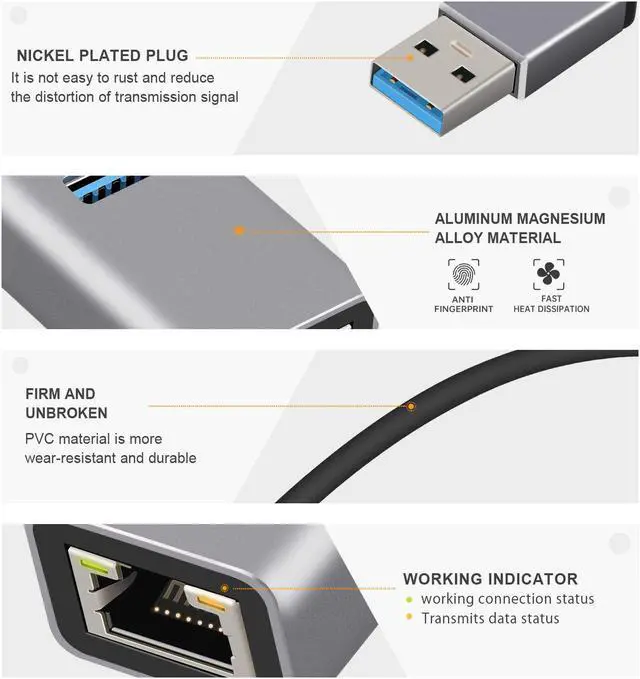 Alt view image 7 of 7 - Sikaite Usb 3.0 Hub, Type A To Gigabit Ethernet And 3 Usb 3.0 Adapters, Aluminum Portable Hub, Rj45 Gigabit Ethernet Network Adapter, Converter, Hub, For 10 / 100 / 1000 Mbps Ethernet