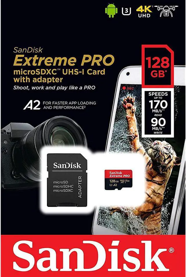 Alt view image 13 of 18 - SanDisk SDSQXCY-128G-GN6MA DCM 128GB 8p MSDXC r170MB/s w90MB/s Class 10 UHS-I U3 A2 V30 SanDisk Extreme Pro Micro Secure Digital Extended Capacity Card w/ Adapter