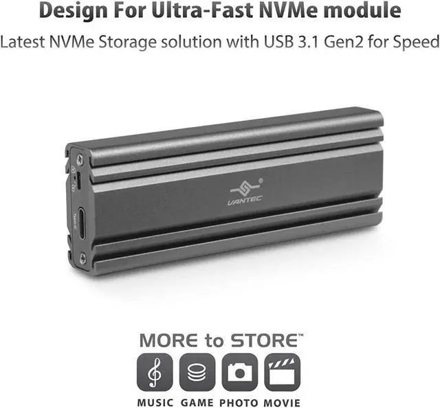 Alt view image 3 of 6 - Vantec M.2 Nvme Ssd To Usb 3.1 Gen 2 Type C Enclosure With C To C Cable, Space Gray Color, Id6 (Nst-206C3-Sg)
