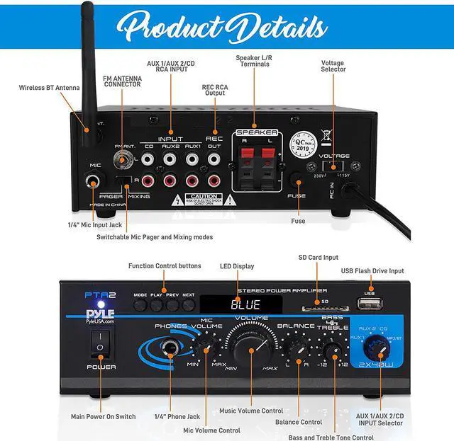 Alt view image 9 of 20 - Home Audio Power Amplifier System - 2X40W Mini Dual Channel Mixer Sound Stereo Receiver Box w/ AUX, Mic Input - For Amplified Speakers, PA, CD Player, Theater via RCA, Studio Use - Pyle PTA2