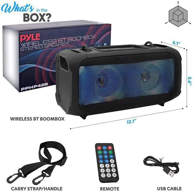 Alt view image 7 of 7 - Wireless Portable Bluetooth Box Speaker - 120W Rechargeable Box Speaker Portable Barrel Loud Stereo System - Flashing Led, Fm Radio/Aux/Mp3/Usb Flash Drive/Micro Sd, & 1/4 In - Pyle Pphp42B